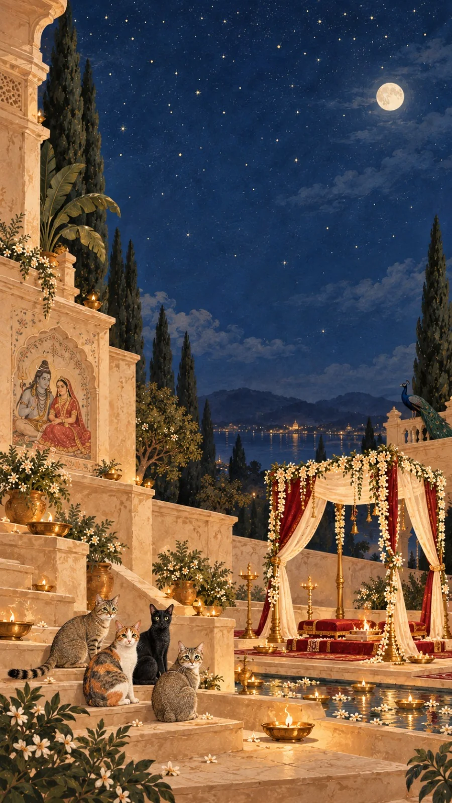 A moonlit wedding terrace: a painted shrine of Shivji and Maa Parvati, a jasmine-garlanded mandap beside a pool of floating diyas, a peacock on the balustrade, and the couple’s four cats gathered on the steps.